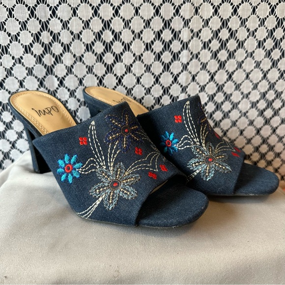 Impo Denim Embroidered Mules Boho Floral Chunky Heel Slides Size 8 - Picture 1 of 4